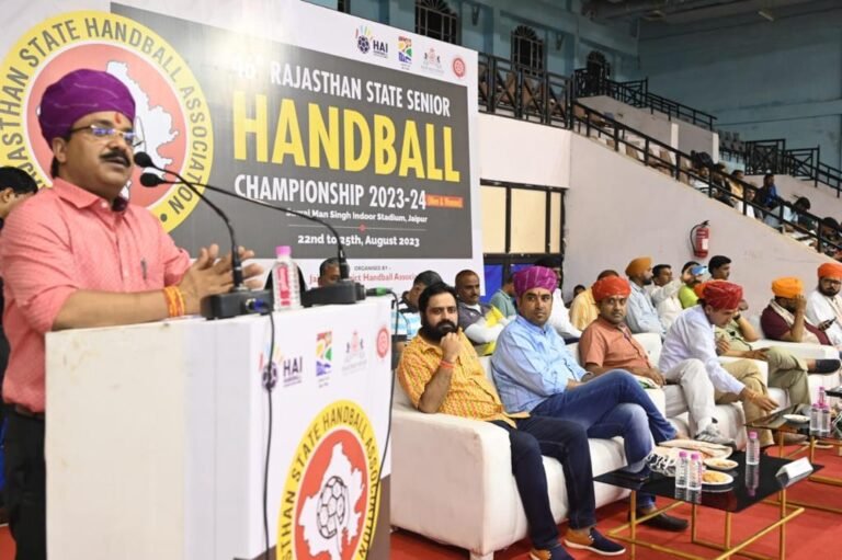 स्वाई मानसिंघ इंडोर स्टेडियम, जयपुर में आयोजित “46वें राजस्थान राज्य सीनियर हैंडबॉल चैम्पियनशिप” (पुरुष और महिलाएँ) के उद्घाटन समारोह में अध्यक्षता की। यह अद्वितीय कार्यक्रम 22 अगस्त से 25 अगस्त, 2023 को आयोजित हुआ था।